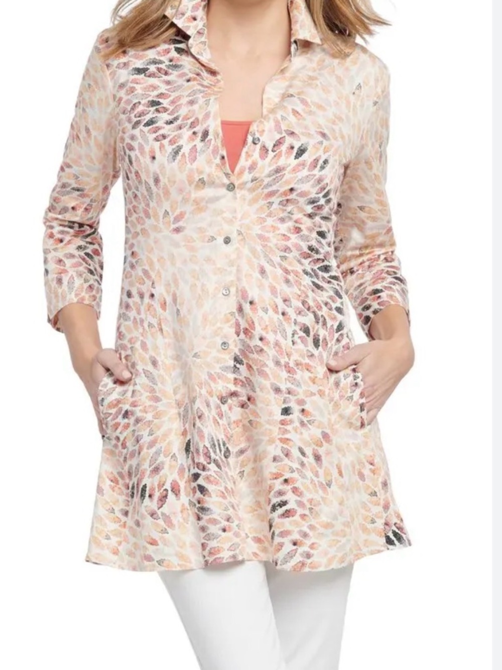 NIC+ZOE Cotton Morning Burst Orange Multicolor Leaf-Print Button Shirt Jacket, L